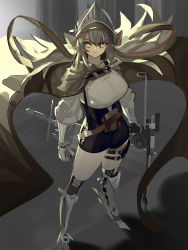 Rule 34 | 1girl, arknights, armored boots, belt, black cape, black shorts, blush, boots, breasts, cape, closed mouth, commentary, fartooth (arknights), fkskii65, floating hair, full body, gauntlets, green eyes, grey footwear, helmet, high-waist shorts, highres, holding, holding weapon, large breasts, long hair, looking at viewer, quiver, shirt, shorts, silver hair, solo, standing, sword, thigh boots, thigh strap, thighhighs, v-shaped eyebrows, weapon, white shirt