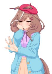 Rule 34 | 1girl, absurdres, animal ears, aqua cardigan, aqua sweater, blush, brown skirt, buttons, cardigan, casual, commentary request, ear piercing, hair ornament, hairclip, hat, highres, horse ears, horse girl, horse tail, jewelry, matikane tannhauser (umamusume), piercing, pink shirt, ring, shirt, simple background, skirt, solo, sweater, tail, umamusume, wedding ring, white background, yellow eyes, yushii