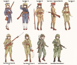 Rule 34 | 6+girls, ankle boots, ankle wrap, arisaka, assault rifle, battle rifle, bayonet, black hair, bolt action, boots, brown eyes, brown hair, combat boots, contrapposto, flak jacket, full body, gaiters, gloves, green eyes, gun, gun sling, hand on own hip, hard-translated, hat, helmet, highres, howa type 64, imperial japanese army, jacket, japan, japan ground self-defense force, japan self-defense force, load bearing equipment, long hair, longmei er de tuzi, looking at viewer, md5 mismatch, military, military uniform, multiple girls, original, peaked cap, pouch, rifle, short ponytail, smile, soldier, third-party edit, timeline, translated, twintails, uniform, weapon, white gloves, world war ii
