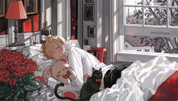 Rule 34 | 1boy, architecture, bed, bed sheet, black cat, black pants, blanket, blonde hair, blush, book, bottle, bow, bowtie, cat, closed eyes, commentary request, flower, glass, highres, hugging object, indoors, long sleeves, lying, male focus, midriff peek, nana tetra, on side, original, pants, picture frame, pillow, red bow, red bowtie, red flower, red rose, rose, shirt, short hair, smile, solo, stuffed animal, stuffed toy, teddy bear, tree, white shirt, window