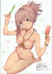 Rule 34 | 1girl, absurdres, asymmetrical hair, bandeau, bare shoulders, barefoot, bikini, blue eyes, blush, bracelet, breasts, cleavage, collarbone, fate/grand order, fate (series), feet, food, hands up, head tilt, highres, jewelry, looking at viewer, looking to the side, medium breasts, miyamoto musashi (fate), mouth hold, navel, pink bikini, pink hair, ponytail, popsicle, popsicle stick, scan, scrunchie, seiza, simple background, sitting, smile, soles, solo, strapless, swimsuit, thigh gap, thighs, white background, yuran