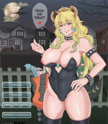 Rule 34 | 1girl, anal beads, armlet, black leotard, black thighhighs, blonde hair, bowsette, bracelet, breasts, cameltoe, cleavage, collar, condom, condom packet strip, condom wrapper, cosplay, crown, curvy, cytoscourge, dildo, dragon horns, earrings, english text, fake screenshot, full moon, halloween, halloween costume, heart, heterochromia, highres, horns, house, jewelry, kobayashi-san chi no maidragon, large breasts, leotard, long hair, looking at viewer, lube, lucoa (maidragon), mario (series), moon, nintendo, nipple slip, nipples, no bra, one breast out, outdoors, sex toy, shell, single horn, solo, speech bubble, spiked armlet, spiked bracelet, spiked collar, spiked shell, spikes, strapless, strapless leotard, super crown, tail, text focus, thick thighs, thighhighs, thighs