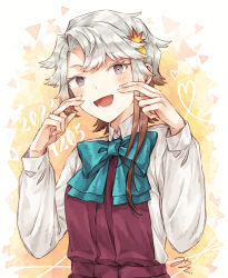 Rule 34 | 1girl, akishimo (kancolle), blush, bow, bowtie, commentary request, dated, dress, grey hair, hair ornament, heart, kantai collection, leaf hair ornament, long sleeves, looking at viewer, miroku san-ju, multicolored hair, open mouth, purple dress, school uniform, shirt, signature, solo, upper body, white shirt
