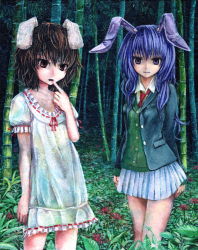 Rule 34 | 2girls, animal ears, bamboo, bamboo forest, brown hair, dress, female focus, flower, forest, inaba tewi, jacket, kabaji, legs, long hair, multiple girls, nature, necktie, oil painting (medium), open mouth, painting (medium), pleated skirt, purple eyes, purple hair, rabbit ears, red eyes, reisen udongein inaba, shirt, short hair, skirt, smile, touhou, traditional media, white shirt