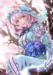 Rule 34 | 1girl, animal print, arm garter, arm up, blue ribbon, blurry, breasts, butterfly print, cherry blossoms, commentary request, day, depth of field, feet out of frame, frilled sleeves, frills, hat, highres, hitodama, in tree, japanese clothes, kimono, light particles, long sleeves, looking at viewer, medium breasts, medium hair, mob cap, obi, open mouth, outdoors, petals, pink hair, red eyes, ribbon, saigyouji yuyuko, sash, sitting, solo, syuri22, thick eyebrows, touhou, tree, triangular headpiece, white background