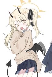 Rule 34 | 1girl, black horns, black skirt, black tail, black wings, blonde hair, blue archive, blush, cardigan, demon horns, demon tail, demon wings, fang, halo, horns, ibuki (blue archive), long hair, open mouth, pleated skirt, pointy ears, sanma (tabet ), side ponytail, simple background, skirt, sleeves past fingers, sleeves past wrists, smile, solo focus, tail, white background, wings, yellow cardigan, yellow eyes, yellow halo