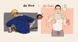 Rule 34 | 2boys, black eyes, black hair, blue jumpsuit, bright pupils, brown background, buzz cut, can, chengongzi123, chibi, chibi inset, commentary, dirty, dirty clothes, dirty face, english commentary, english text, facial hair, gloves, goatee stubble, golden kamuy, grey pants, hands up, highres, holding, holding can, holding towel, industrial pipe, jumpsuit, koito otonoshin, looking at viewer, looking to the side, male focus, mining helmet, mixed-language text, multiple boys, open mouth, pants, parted lips, scar, scar on arm, scar on neck, scar on shoulder, short hair, simple background, sleeves pushed up, sparkling aura, speech bubble, standing, stubble, sweatpants, tank top, toned, toned male, towel, towel around neck, translation request, tsukishima hajime, very short hair, white tank top