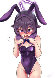 Rule 34 | 1girl, animal ears, blue archive, blush, breasts, fake animal ears, fidgeting, hair between eyes, hair ornament, hairclip, halo, haruka (blue archive), highres, looking at viewer, medium hair, nakamura kumarin, open mouth, playboy bunny, purple hair, rabbit ears, signature, simple background, small breasts, solo, white background