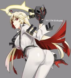 Rule 34 | 1girl, ahoge, ankh, arc system works, ass, belt, blonde hair, bodysuit, breasts, cross, cross necklace, from behind, gloves, guilty gear, guilty gear xrd, guilty gear xrd: revelator, halo, jack-o&#039; valentine, jewelry, large breasts, leaning, leaning forward, long hair, mask, unworn mask, multicolored hair, necklace, pantylines, red eyes, red hair, shiny clothes, skin tight, smile, solo, very long hair