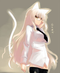 Rule 34 | animal ears, blonde hair, bottomless, brown eyes, cat ears, cat tail, dress shirt, glasses, long hair, necktie, shin (new), shirt, solo, tail, thighhighs