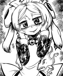 Rule 34 | 2015, apron, bloody marie (skullgirls), blush, bow, brooch, fire, greyscale, hair ornament, hands on own face, higa norio, jewelry, meme, monochrome, skull hair ornament, skullgirls, smile, twintails, yandere, yandere trance
