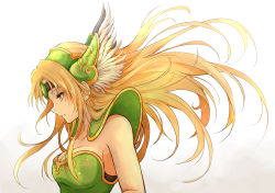 Rule 34 | 1girl, absurdres, blonde hair, breasts, cleavage, closed mouth, commentary request, gradient background, grey background, helmet, highres, long hair, looking away, medium breasts, profile, riesz, seiken densetsu, seiken densetsu 3, shimoda masaya, solo, upper body, winged helmet, yellow eyes