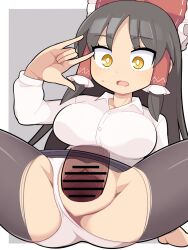 Rule 34 | 1boy, 1girl, \m/, bar censor, black hair, black pantyhose, black skirt, blush, bow, breasts, bright pupils, buttons, censored, clitoris, clothed sex, clothing aside, collared shirt, commentary, cookie (touhou), feet out of frame, frilled bow, frilled hair tubes, frills, grey background, hair bow, hair tubes, hakurei reimu, hetero, hospital king, invisible penis, large breasts, long hair, long sleeves, looking at viewer, medium bangs, miniskirt, office lady, open mouth, panties, panties aside, pantyhose, pencil skirt, penis, pussy, red bow, sananana (cookie), sex, shirt, skirt, solo focus, spread legs, textless version, torn clothes, torn pantyhose, touhou, two-tone background, underwear, vaginal, white background, white panties, white pupils, white shirt, yellow eyes