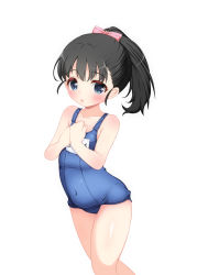 Rule 34 | 1girl, black hair, blue eyes, blue one-piece swimsuit, blush, bow, covered navel, fukuyama mai, hair bow, hands on own chest, highres, hosizora mikoto, idolmaster, idolmaster cinderella girls, long hair, name tag, old school swimsuit, one-piece swimsuit, open mouth, own hands together, ponytail, ribbon, school swimsuit, simple background, solo, swimsuit, thighs, white background