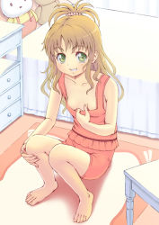 Rule 34 | 00s, 1girl, alternate hair color, barefoot, bed, bedroom, blush, breasts, brown hair, clothes pull, feet, green eyes, hair ornament, hair scrunchie, indoors, kasanui, long hair, looking at viewer, no bra, peeking, scrunchie, shirt pull, shorts, sitting, small breasts, solo, to love-ru, toes, yuuki mikan