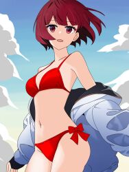 Rule 34 | 1girl, arima kana, belly, bikini, blue jacket, blue sky, bob cut, bokutaaaa, cloud, cloudy sky, happy, highres, inverted bob, jacket, looking at viewer, navel, open clothes, open jacket, open mouth, oshi no ko, red bikini, red eyes, red hair, short hair, sky, smile, solo, swimsuit