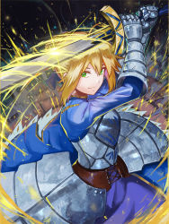 Rule 34 | 1girl, armor, armored dress, artoria pendragon (fate), blonde hair, blue bow, blue dress, bow, breastplate, closed mouth, cowboy shot, dress, excalibur (fate/stay night), fate/stay night, fate (series), gauntlets, green eyes, hair bow, highres, holding, holding sword, holding weapon, looking at viewer, memekun, saber (fate), short hair, smile, solo, sword, weapon