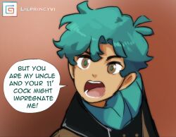 Rule 34 | 1boy, age difference, black jacket, blurry, blurry background, brown eyes, fairytale police hoe department, green hair, green scarf, gumroad logo, gumroad username, idoraad, implied incest, jacket, male focus, onii-shota, open mouth, red background, satou kotarou (fairytale police hoe department), scarf, solo, speech bubble, uncle and nephew