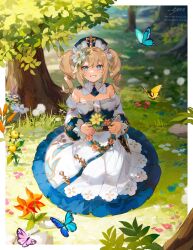 Rule 34 | 1girl, barbara (genshin impact), blonde hair, blue butterfly, blue eyes, book holster, bow, bug, butterfly, commentary, commission, cross, detached sleeves, dress, dress bow, drill hair, english commentary, flower, frilled dress, frills, genshin impact, hair between eyes, hair flower, hair ornament, hat, highres, insect, latin cross, long hair, mini hat, outdoors, purple butterfly, smile, solo, srro yo, tree, twin drills, white dress, white flower, white sleeves, yellow butterfly