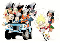 Rule 34 | 6+boys, :/, :o, armor, bald, bardock, bicycle, black eyes, black hair, broly (dragon ball z), brothers, cape, car, dragon ball, dragonball z, driving, facial hair, father and son, grin, h1rake-g0ma, jeep, legendary super saiyan, male focus, motor vehicle, multiple boys, multiple riders, mustache, nappa, no pupils, one-eyed, paragus (dragon ball z), racing, raditz, scar, scouter, siblings, smile, son goku, spiked hair, super saiyan, topless male, tullece, vegeta, vehicle, vehicle focus, wavy mouth
