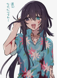 Rule 34 | 1boy, arm tattoo, black eyes, black hair, blood, blood on face, blue eyes, blue shirt, commentary request, floral print, hawaiian shirt, highres, hong lu (project moon), jewelry, limbus company, long hair, neck tattoo, necklace, open mouth, project moon, shiki (shikki46), shirt, sidelocks, simple background, smile, solo, tattoo, translation request, very long hair, white background