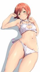 Rule 34 | 10s, 1girl, alp, armpits, bell, neck bell, blush, bra, breasts, cat cutout, cat ear panties, cat lingerie, cleavage, cleavage cutout, clothing cutout, collar, hoshizora rin, jingle bell, jpeg artifacts, looking at viewer, love live!, love live! school idol project, lying, meme attire, navel, on back, orange hair, panties, short hair, side-tie panties, simple background, small breasts, solo, underwear, white background, white bra, white panties, yellow eyes
