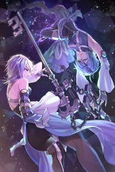 Rule 34 | 2girls, aqua (kingdom hearts), armpits, ass, backless outfit, bare shoulders, battle, black gloves, black jumpsuit, black legwear, blue eyes, blue hair, breasts, chain, clone, detached sleeves, eye contact, fingerless gloves, gloves, gogo (detteiu de), hair between eyes, high heels, highres, holding, holding weapon, jumpsuit, keyblade, kingdom hearts, kingdom hearts 0.2 birth by sleep -a fragmentary passage-, leg up, light particles, long sleeves, looking at another, medium breasts, medium hair, midair, multiple girls, short jumpsuit, thighhighs, upside-down, v-shaped eyebrows, weapon, wide sleeves, zettai ryouiki