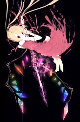 Rule 34 | 1girl, absurdres, black background, blonde hair, dress, flandre scarlet, from side, glowing, glowing wings, hair ribbon, highres, holding, holding weapon, multicolored wings, no headwear, red dress, red eyes, red ribbon, ribbon, riuichi, shirt, simple background, sleeve ribbon, solo, touhou, weapon, white shirt, wings, wrist cuffs