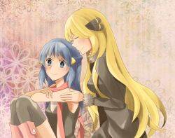 Rule 34 | 2girls, age difference, black dress, black headwear, black thighhighs, blonde hair, blue eyes, blue hair, blush, breasts, calf boots, closed eyes, closed mouth, creatures (company), crossed arms, cynthia (pokemon), dawn (pokemon), dress, eyelashes, female focus, floral background, floral print, fluffy collar, game freak, hair ornament, hands on another&#039;s arms, kneeling, knees up, kurogoma (karen), long sleeves, looking at viewer, medium breasts, multicolored background, multiple girls, nintendo, onee-loli, pink footwear, pokemon, pokemon dppt, red scarf, scarf, simple background, sitting, sleeveless, small breasts, smile, thighhighs, yellow headwear, yuri