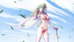 Rule 34 | 1girl, :d, alternate eye color, armor, bikini, bikini armor, blue eyes, blue sky, blush, breasts, cape, cleavage, cloud, commentary request, day, falling leaves, fire emblem, fire emblem awakening, gloves, green hair, hair ornament, hair ribbon, large breasts, leaf, long hair, nintendo, open mouth, outdoors, pink cape, pointy ears, ponytail, red bikini, red gloves, red ribbon, ribbon, sky, smile, solo, swimsuit, sword, t misaomaru, thighhighs, tiki (adult) (fire emblem), tiki (fire emblem), weapon, white thighhighs