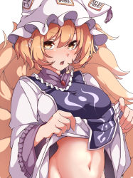 Rule 34 | 1girl, absurdres, animal ears, animal hat, blonde hair, blush, breasts, clothes lift, dress, dress lift, fox ears, fox tail, gokuu (acoloredpencil), groin, hair between eyes, hat, highres, large breasts, lifting own clothes, long sleeves, mob cap, multiple tails, navel, open mouth, short hair, simple background, solo, tabard, tail, touhou, upper body, white background, white dress, white hat, wide sleeves, yakumo ran, yellow eyes