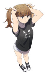 Rule 34 | 1girl, adjusting hair, arms up, black footwear, black shirt, brown eyes, brown hair, bunching hair, clothes writing, collarbone, converse, english text, full body, holding, holding own hair, long hair, mattaku mousuke, no socks, original, shirt, shoes, short shorts, short sleeves, shorts, simple background, sneakers, solo, standing, twintails, white background, white shorts
