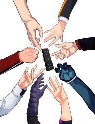 Rule 34 | arashiyama jun, black gloves, blue gloves, clenched hand, gloves, green gloves, hand focus, highres, kako nozomi, katagiri takaaki, kazama souya, kizaki reiji, kusakabe saki, long sleeves, miwa shuuji, multiple boys, multiple girls, out of frame, purple gloves, reaching, simple background, tachikawa kei, two-tone gloves, uniform, w, weapon, white background, world trigger, yamakawa (h4sc4zukgqyw5ad)