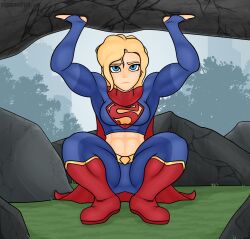 Rule 34 | 1girl, abs, blonde hair, blue eyes, boots, cape, crop top, dc comics, flexing, highres, long sleeves, midriff, muscular, muscular female, navel, red cape, ripzaurus, self-upload, supergirl, superhero costume, superman (series), superman logo, thick thighs, thighs