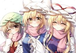 Rule 34 | 3girls, ;&lt;, absurdres, animal ears, bad id, bad pixiv id, blonde hair, blush, breasts, brown eyes, brown hair, cat ears, chen, closed mouth, commentary request, closed eyes, eyes visible through hair, fang, flat chest, green headwear, hand on own face, hat, hat ribbon, highres, juliet sleeves, large breasts, long hair, long sleeves, looking at viewer, medium breasts, medium hair, mob cap, multiple girls, one eye closed, pink scarf, pudding (skymint 028), puffy sleeves, red ribbon, ribbon, scarf, short hair, signature, simple background, skin fang, sleeves past wrists, slit pupils, smile, tabard, touhou, upper body, white background, white headwear, wide sleeves, yakumo ran, yakumo yukari, yellow eyes, yellow neckwear