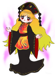 Rule 34 | 1girl, belt, black dress, black hat, black sleeves, blonde hair, blush, bow, bowtie, breasts, brown belt, chinese clothes, crescent, dotaku (wran8845), dress, energy, eyes visible through hair, full body, hands up, hat, highres, junko (touhou), long dress, long hair, long sleeves, looking at viewer, medium breasts, open mouth, phoenix crown, pom pom (clothes), red eyes, red vest, simple background, smile, solo, standing, tabard, touhou, vest, white background, wide sleeves, yellow bow, yellow bowtie