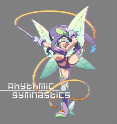 Rule 34 | 1girl, ass, boots, breasts, butterfly wings, cleavage, curvy, digimon, fairimon, fairy, fairy wings, flexible, foot on head, full body, gloves, grey background, gymnastics, gymnastics ribbon, hand on own foot, insect wings, leg lift, leg up, long hair, mask, medium breasts, olympics, open mouth, purple hair, revealing clothes, rhythmic gymnastics, ribbon, ribbon baton, smile, split, thigh boots, thong, very long hair, wide hips, wings