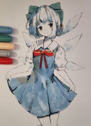 Rule 34 | 1girl, art tools in frame, black eyes, blue dress, blue hair, blush, bow, bowtie, cirno, collared dress, commentary, cowboy shot, dress, english commentary, graphite (medium), grey bow, hair bow, highres, ice, ice wings, marker (medium), multicolored clothes, multicolored dress, pen (medium), photo (medium), pleated dress, red bow, red bowtie, short hair, short sleeves, skirt hold, smile, solo, touhou, traditional media, vanilla flan, white dress, wings