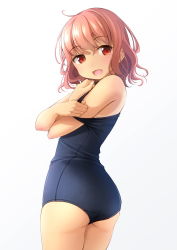 Rule 34 | 1girl, :d, ahoge, ass, bare shoulders, blue one-piece swimsuit, blush, brown hair, commentary request, fang, gradient background, grey background, hair between eyes, highres, looking at viewer, looking to the side, one-piece swimsuit, open mouth, original, red eyes, school swimsuit, shibacha, smile, solo, strap slip, swimsuit, tan, tanline, wavy hair, white background