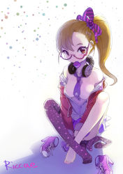 Rule 34 | 1girl, bad id, bad pixiv id, bespectacled, breasts, brown eyes, brown hair, cleavage, condom, condom in mouth, feet, futami mami, glasses, hair ornament, hair ribbon, hairclip, headphones, headphones around neck, highres, idolmaster, idolmaster (classic), mouth hold, nail polish, open clothes, open shirt, ribbon, riccae, shirt, short hair, side ponytail, single thighhigh, sitting, solo, star (symbol), star print, thighhighs, unworn thighhighs