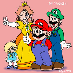 Rule 34 | 2boys, 2girls, baby, baby rosalina, blue eyes, crown, dress, earrings, facial hair, flower earrings, friends, full body, gloves, grin, hair over one eye, hat, highres, jewelry, luigi, mario, mario (series), multiple boys, multiple girls, mustache, nintendo, one eye closed, open mouth, orange dress, overalls, princess daisy, puffy short sleeves, puffy sleeves, rosalina, short sleeves, smile, standing, thumbs up, tomboy, v, wink