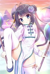 Rule 34 | 1girl, ahoge, black hair, blue eyes, china dress, chinese clothes, closed mouth, commentary request, double bun, dress, flower, hair bun, hair flower, hair ornament, hair ribbon, highres, holding, long hair, mountain, original, outdoors, pelvic curtain, purple dress, purple footwear, ribbon, shiwasu horio, solo, standing, standing on one leg, sunset, thighhighs, thighs, white thighhighs