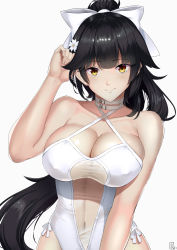 Rule 34 | 1girl, azur lane, black hair, bow, breasts, brown eyes, casual one-piece swimsuit, cleavage, cowboy shot, hair bow, hair flaps, highres, kakekcaboel, large breasts, long hair, looking at viewer, one-piece swimsuit, ponytail, simple background, solo, swimsuit, takao (azur lane), takao (beach rhapsody) (azur lane), very long hair, white background, white bow, white one-piece swimsuit