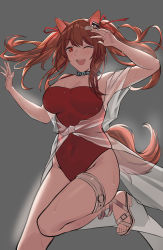 Rule 34 | 1girl, angelina (arknights), angelina (summer flower) (arknights), animal ears, arknights, arms up, blush, breasts, covered navel, elinnasky, foot out of frame, fox ears, fox tail, grey background, hair ribbon, highres, large breasts, long hair, looking at viewer, official alternate costume, one-piece swimsuit, one eye closed, open mouth, orange hair, red eyes, red one-piece swimsuit, ribbon, sandals, simple background, smile, solo, standing, standing on one leg, swimsuit, tail, teeth, thighs, upper teeth only