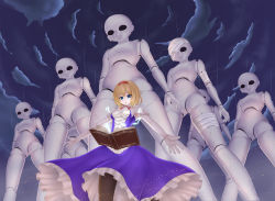 Rule 34 | 1girl, alice margatroid, black pantyhose, blonde hair, blue eyes, book, breasts, capelet, cloud, corset, dress, elbow gloves, eyes visible through hair, frilled dress, frills, from below, gloves, golem, hairband, highres, legs apart, looking down, magic, medium breasts, neck ribbon, open book, open mouth, outdoors, outstretched arms, pantyhose, purple dress, rain, red hairband, red neckwear, ribbon, short hair, sky, sleeveless, sleeveless dress, standing, touhou, umagoya mochi, white capelet, white gloves
