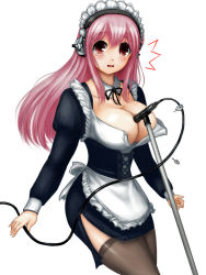 Rule 34 | 1girl, between breasts, breasts, buttons, cleavage, detached collar, female focus, headphones, highres, large breasts, long hair, looking at viewer, maid, microphone, nitroplus, open clothes, open mouth, pink hair, red eyes, side slit, simple background, solo, super sonico, thighhighs, unbuttoned, yamasuke mk2