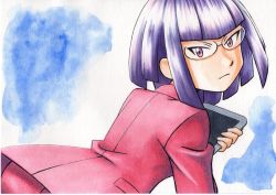 Rule 34 | 1girl, blue background, blunt bangs, closed mouth, commentary request, creatures (company), frown, game freak, glasses, hand up, highres, holding, jacket, looking at viewer, looking back, matori (pokemon), nintendo, oka mochi, pants, pink jacket, pink pants, pokemon, pokemon (anime), pokemon xy (anime), purple eyes, purple hair, short hair, solo, tablet pc, team rocket, traditional media