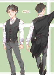 Rule 34 | 1boy, andrew hanbridge, argyle, argyle background, argyle clothes, black coat, black footwear, black vest, brown hair, buttons, clenched hands, coat, collared shirt, dots, green background, green eyes, grey pants, hair intakes, highres, little witch academia, long sleeves, male focus, marii pily, multiple views, necktie, pants, shirt, tailcoat, turnaround, vest, white necktie, white shirt
