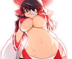 Rule 34 | 1girl, adapted costume, alternate costume, black eyes, black hair, black thighhighs, bow, breasts, detached sleeves, eyepatch, female focus, hair bow, hair tubes, hakurei reimu, kosame daizu, large breasts, long hair, navel, revealing clothes, simple background, solo, thighhighs, touhou, underboob, white background