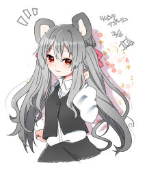 Rule 34 | 1girl, ^^^, abe suke, alternate hair length, alternate hairstyle, animal ears, black skirt, brown eyes, buttons, character name, closed mouth, collared shirt, commentary request, grey hair, highres, long hair, long sleeves, looking at viewer, mouse ears, nazrin, shirt, sidelocks, signature, skirt, smile, solo, touhou, twintails, upper body, white shirt